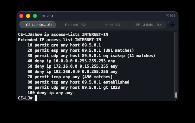 INTERNET-IN access list on CE-LJ with per-rule hit counters