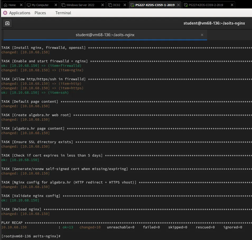 Ansible playbook execution — nginx, firewalld, and TLS configuration with clean PLAY RECAP