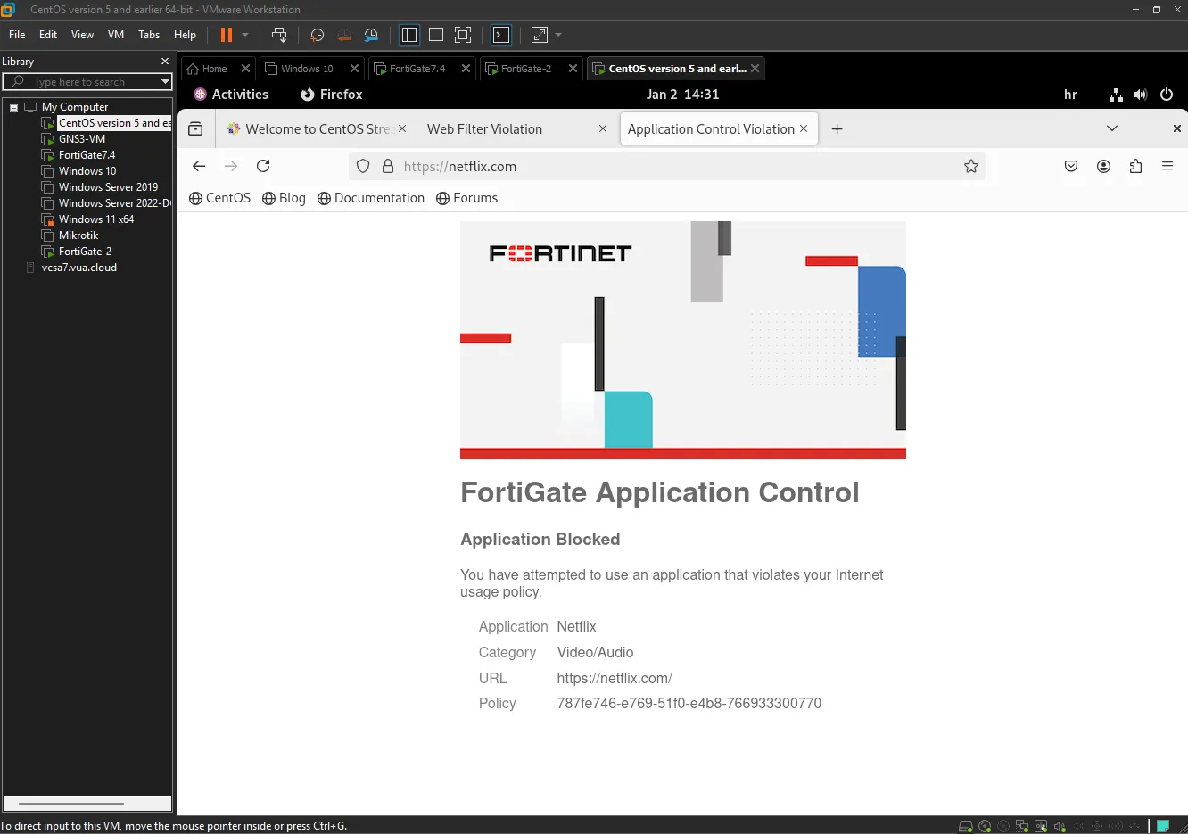 FortiGate Application Control block page for Netflix