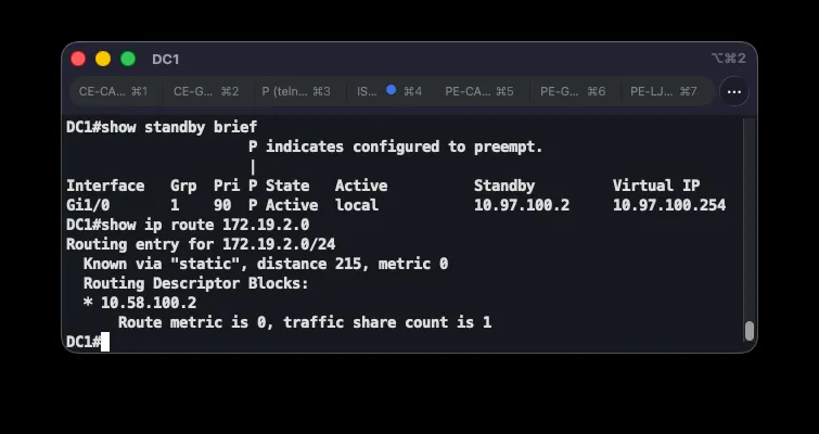 DC1 in HSRP standby at priority 90, routing to 172.19.2.0/24 via Tunnel100 at distance 215