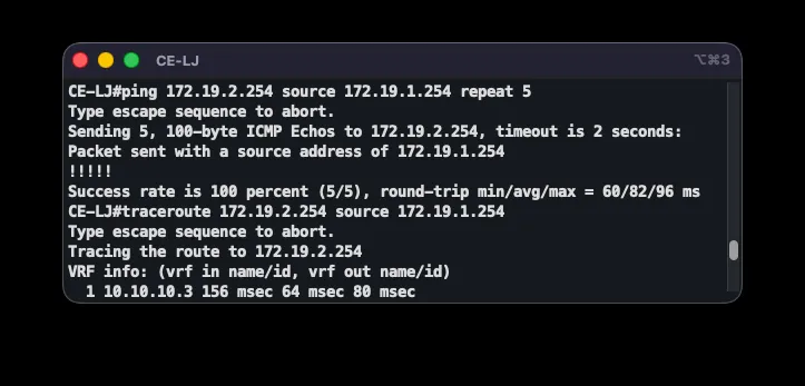 Final Phase 3 verification: 5/5 pings and a one-hop traceroute directly between spokes