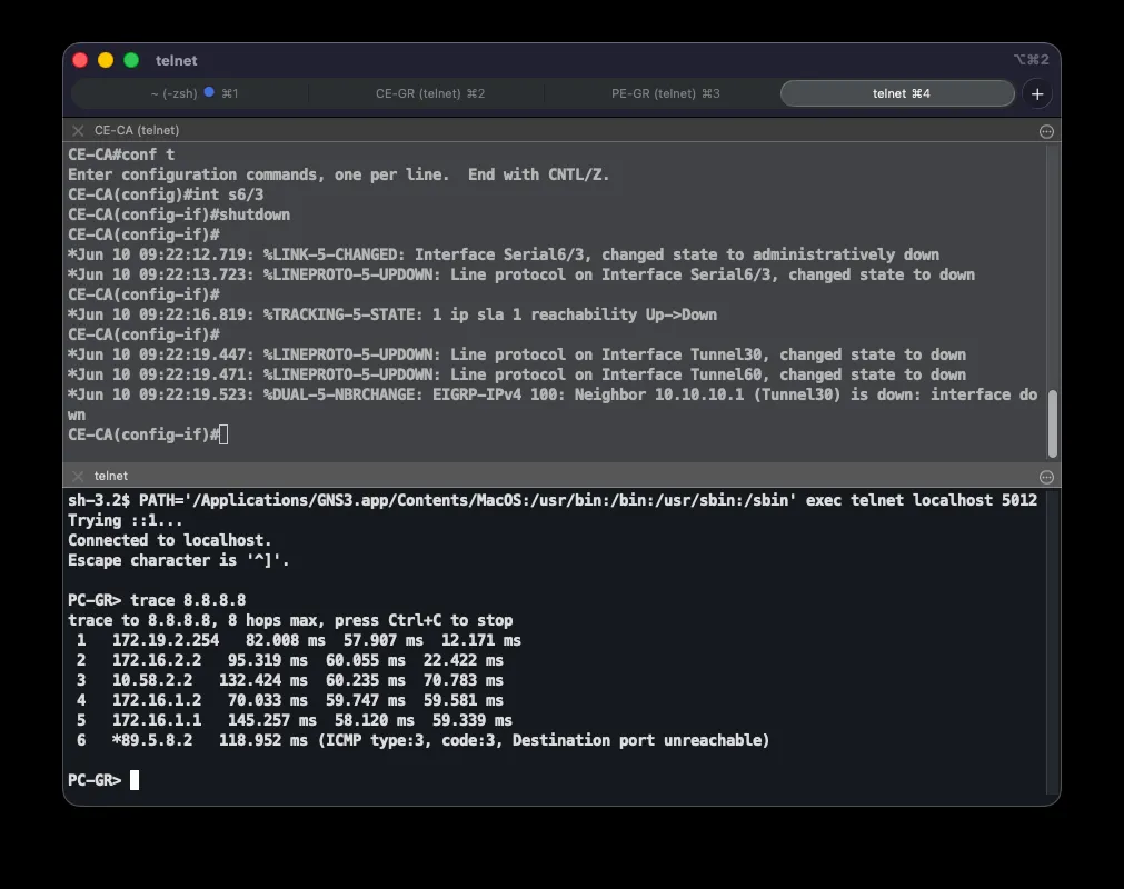 After CE-CA's ISP link also fails, PC-GR's traceroute now exits via Ljubuški