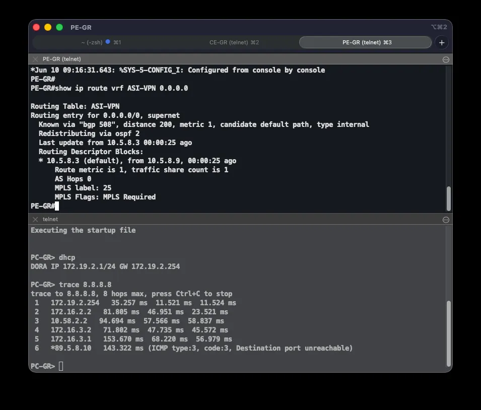 PE-GR route via BGP at distance 200 and a traceroute from PC-GR via Čapljina