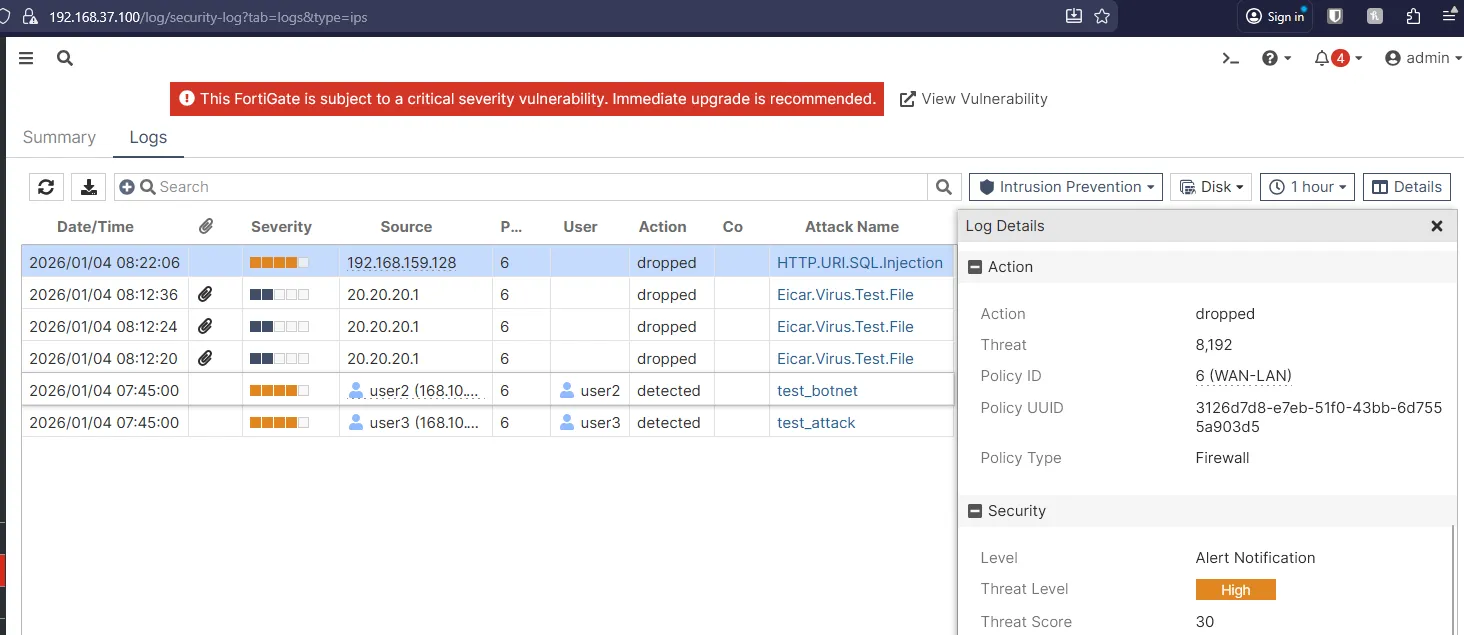 IPS logs showing detected and blocked HTTP.URI.SQL.Injection exploit