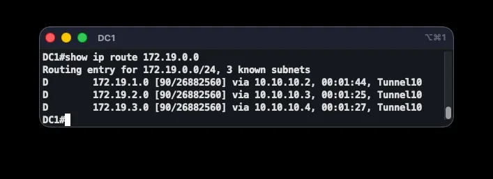 After migration 2: DC1 EIGRP route to the branch LAN via Tunnel10