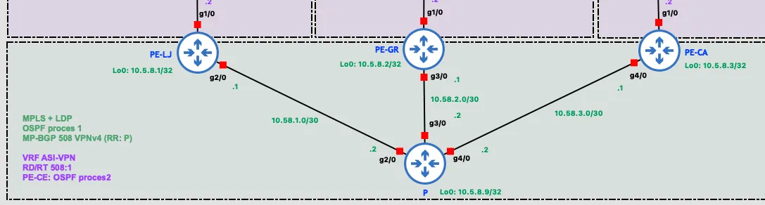 Provider segment: PE-LJ, PE-GR, PE-CA and the P router forming the MPLS core
