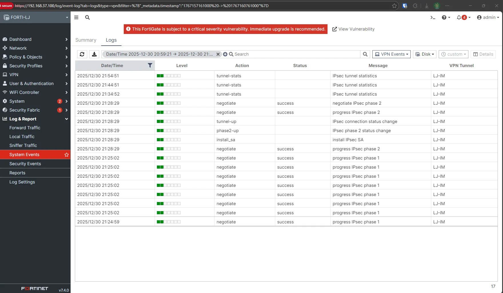 FortiGate system event logs showing successful IKE Phase 1 and Phase 2