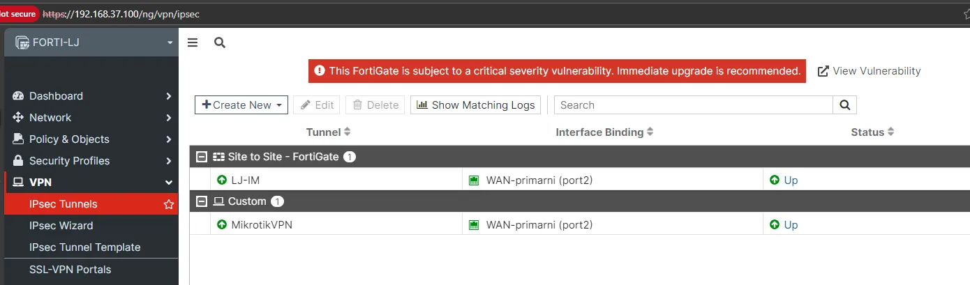 FortiGate IPsec tunnel 'MikrotikVPN' showing UP status