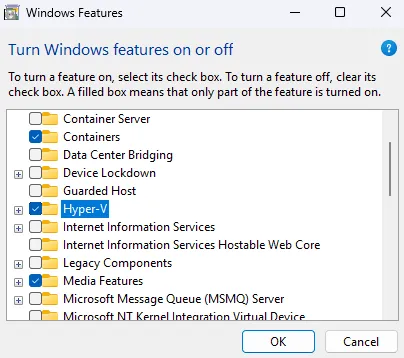Windows 11 with Hyper-V feature enabled in Turn Windows features on or off